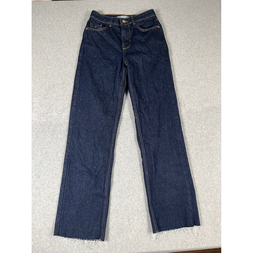 Zara Women‎ Indigo High Rise Straight Leg Raw Hem Jeans 6164/166 Size 2